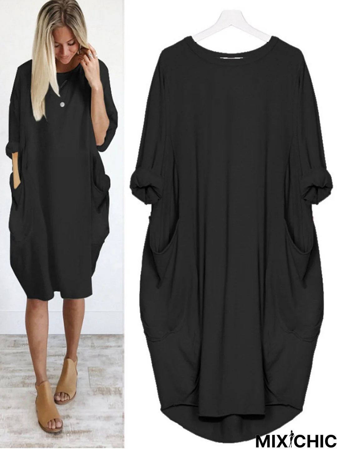 Batwing Sleeve Casual Solid Loose Crew Neck Midi Dress