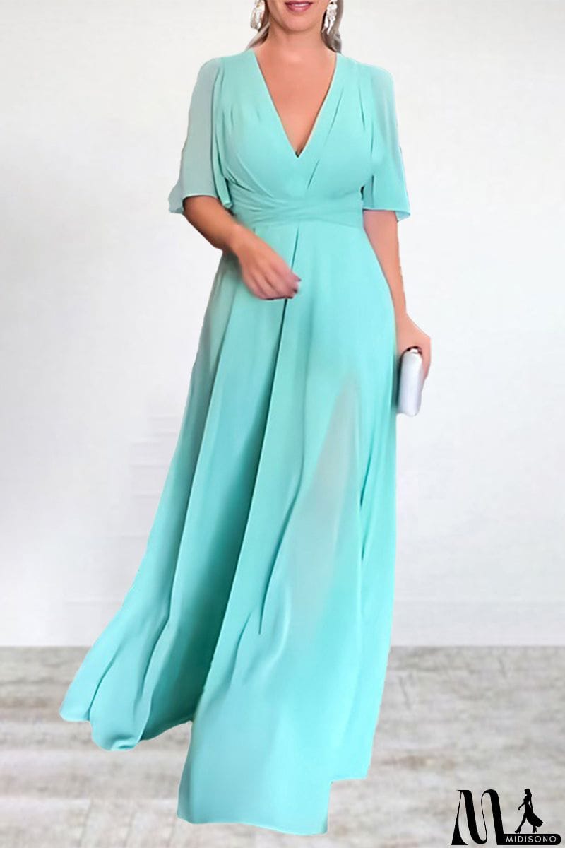 MidiSono - Elegant Solid Slit V Neck A Line Dresses