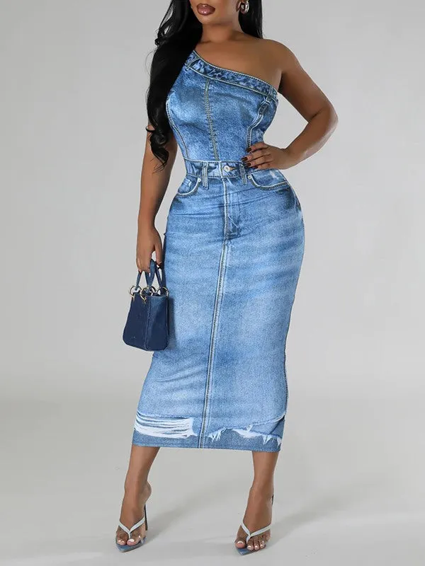 All-Over Print Women's One-shoulder Dress With Waist Shirring main image 0
