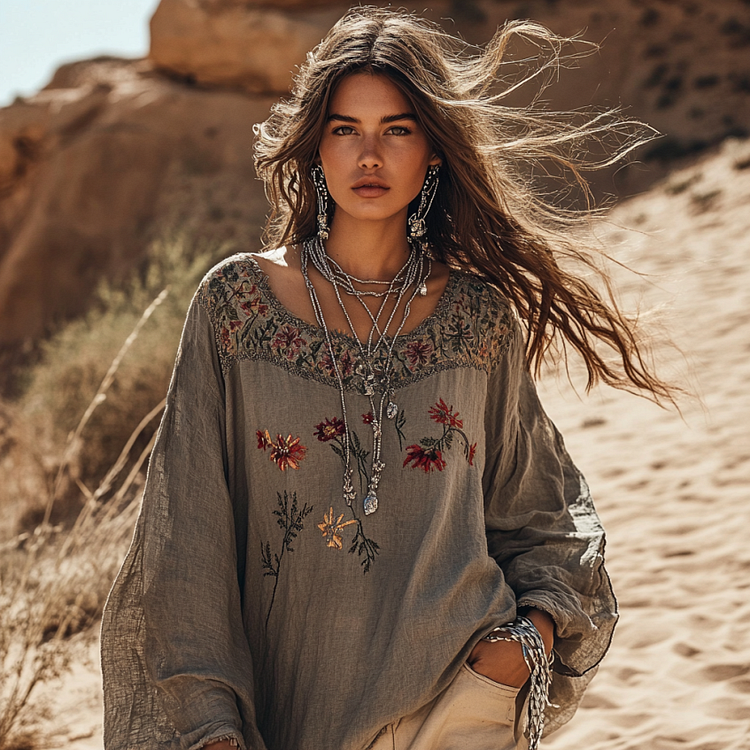 Utbros Boho Floral Embroidery Patchwork Art Print Cotton And Linen Blend Loose Blouse