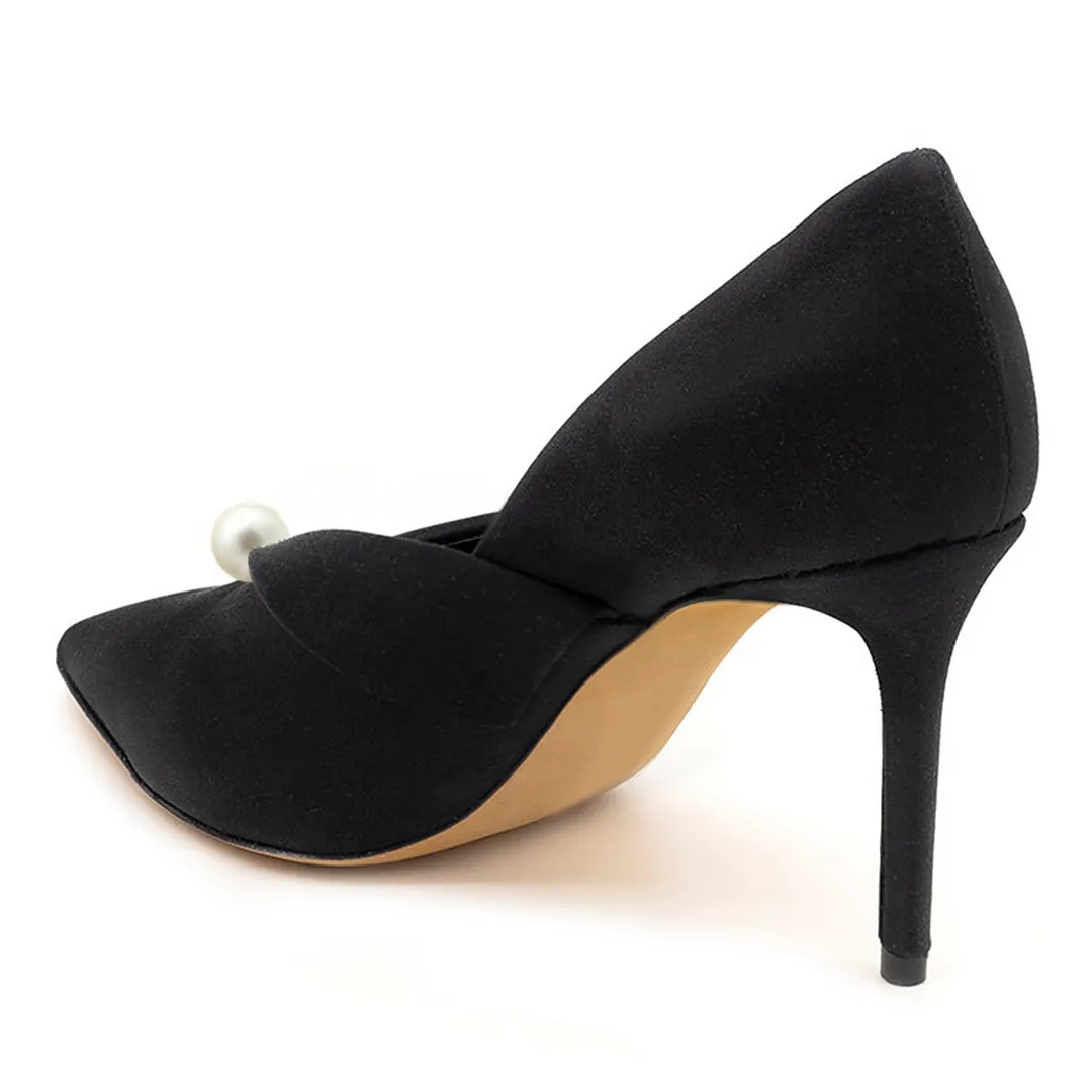 Black Satin Pointed Toe Folded Over Pearl Stiletto Heel Pumps Shoes