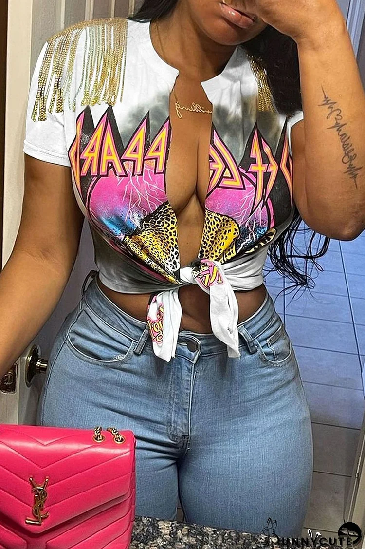 White Sexy Print Tassel Bandage Patchwork T-Shirts