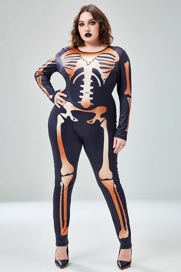 Xpluswear Design Plus Size Halloween Costume Gothic Black Skeleton Print Long Sleeve Knitted Jumpsuit 