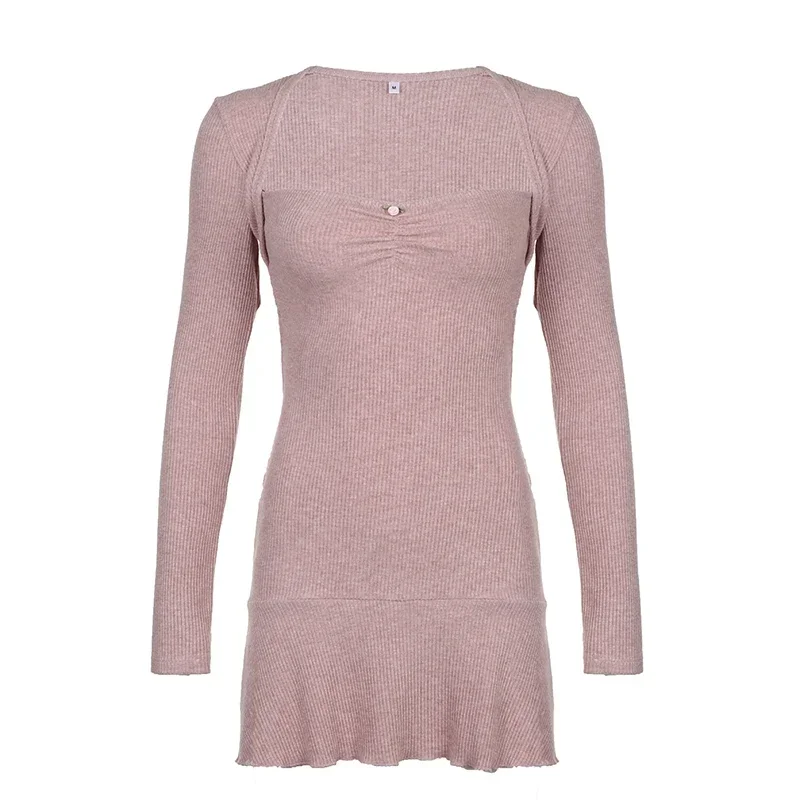 Mongw Knitted Sweet Girl Short Dresses For Women Shirring Square Collar Elegant Fashion Long Sleeve Korean Dress