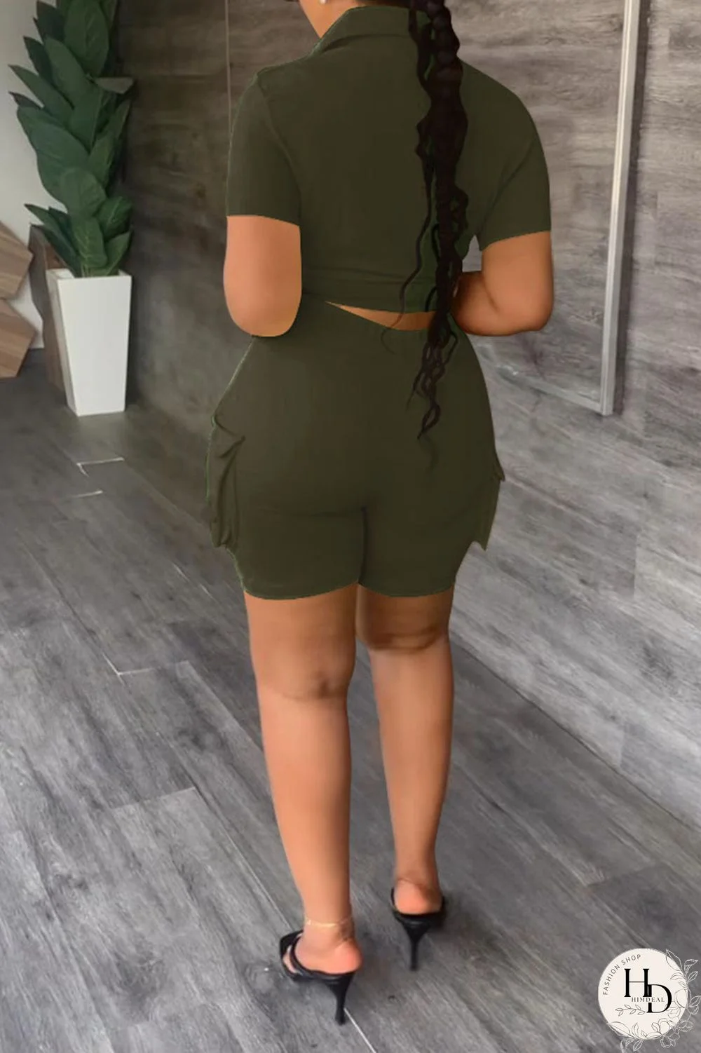 Khaki Casual Solid Bandage Patchwork Pocket Buckle Turndown Collar Short Sleeve Two Pieces