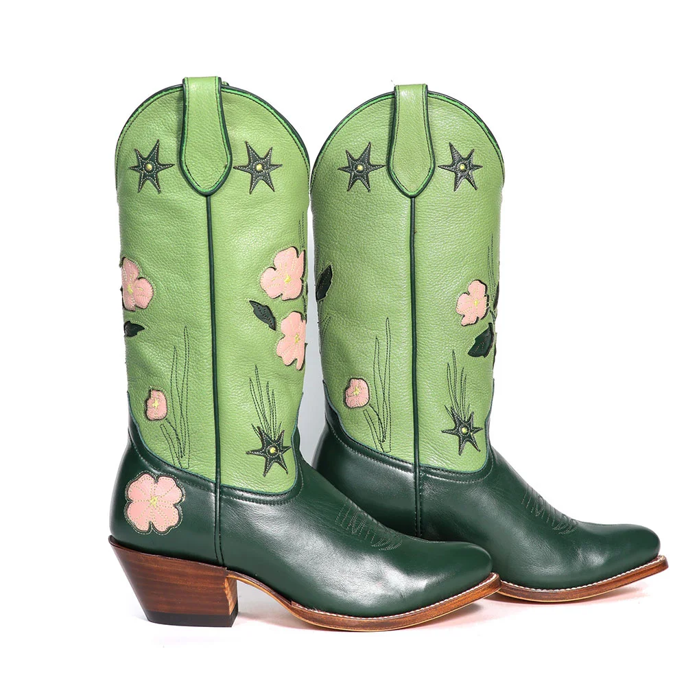 YDN Green Round Toe Stacked Heel Floral Pull-On Cowgirl Boots