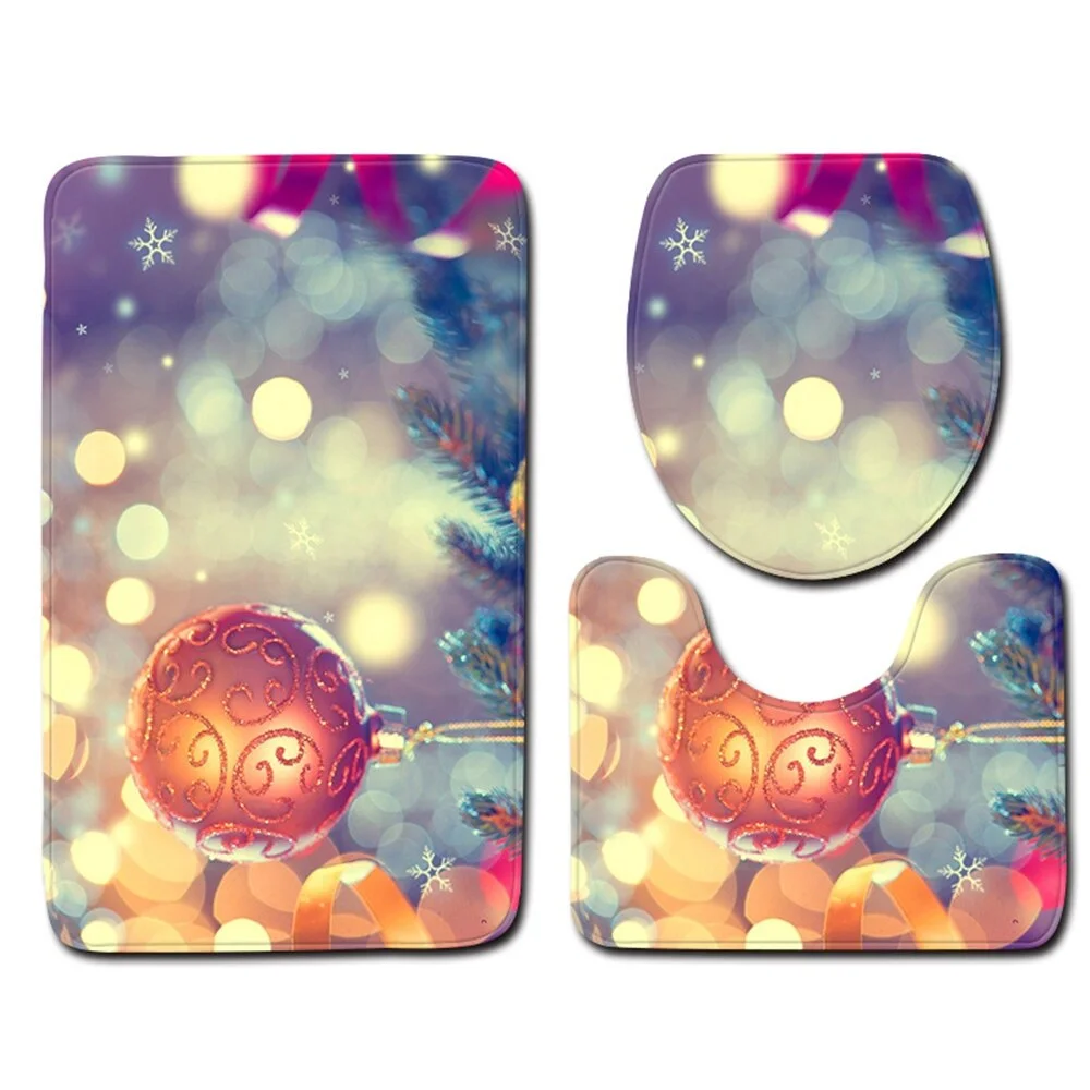 Christmas Toilet seat Cover 3pcs Set Bathroom Mat Home  Absorbent Door mats washroom Decoration Carpet Printing Flannel Rug