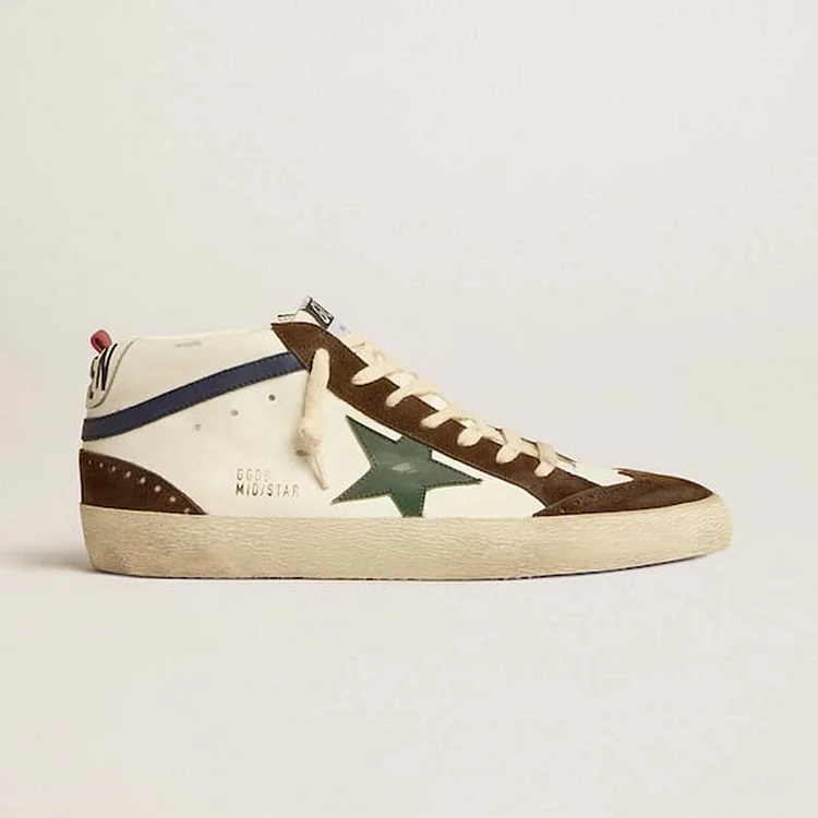 Golden Goose Mid Star con estrella de cuero verde y coma de cuero azul