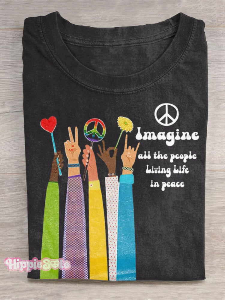 Imagine All The People Living Life In Peace Art Print Casual T-Shirt Black / S