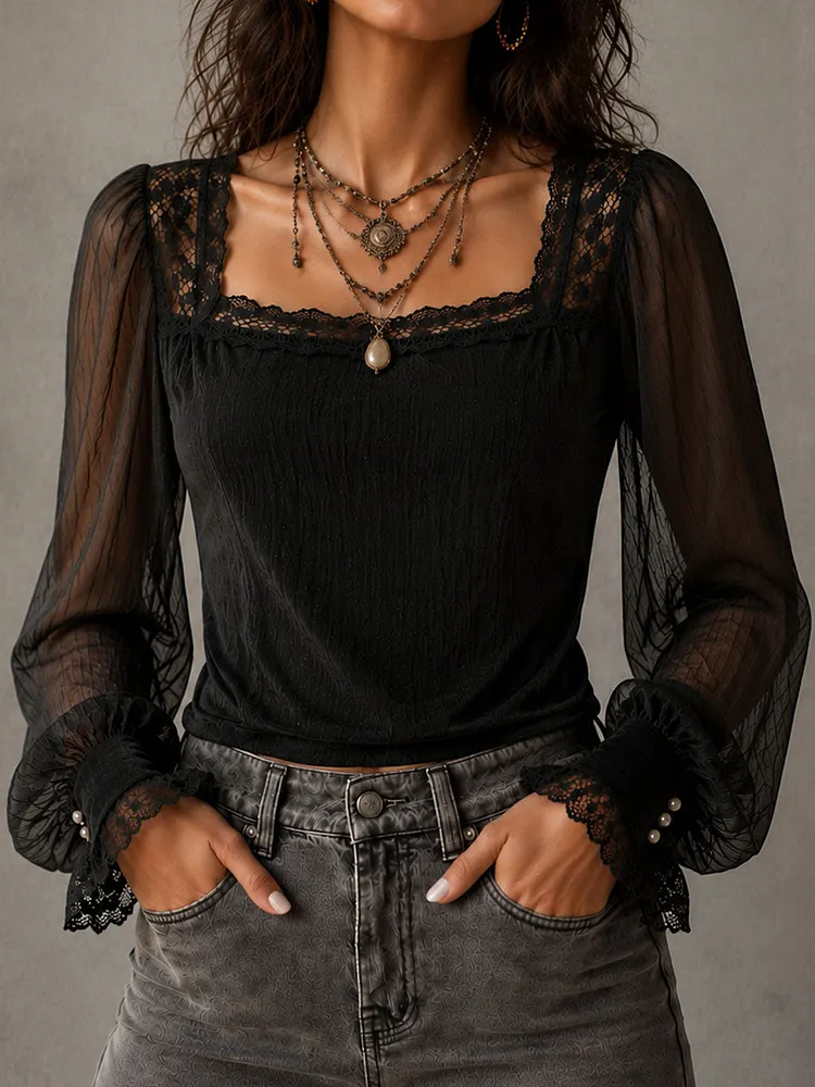 Retro Black Square Neck Lace Trim Mesh Puff Sleeve Blouse