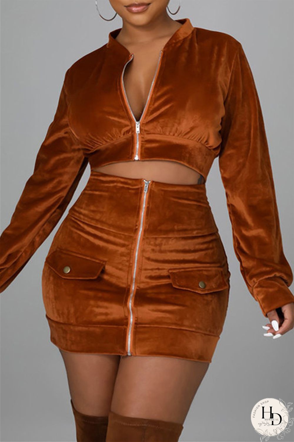 Black Fashion Sexy Solid Split Joint Zipper Collar Long Sleeve Two Pieces