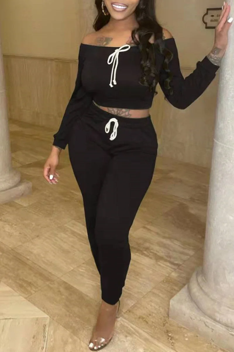Fashion Casual Solid Basic Off the Shoulder Long Sleeve Two Pieces