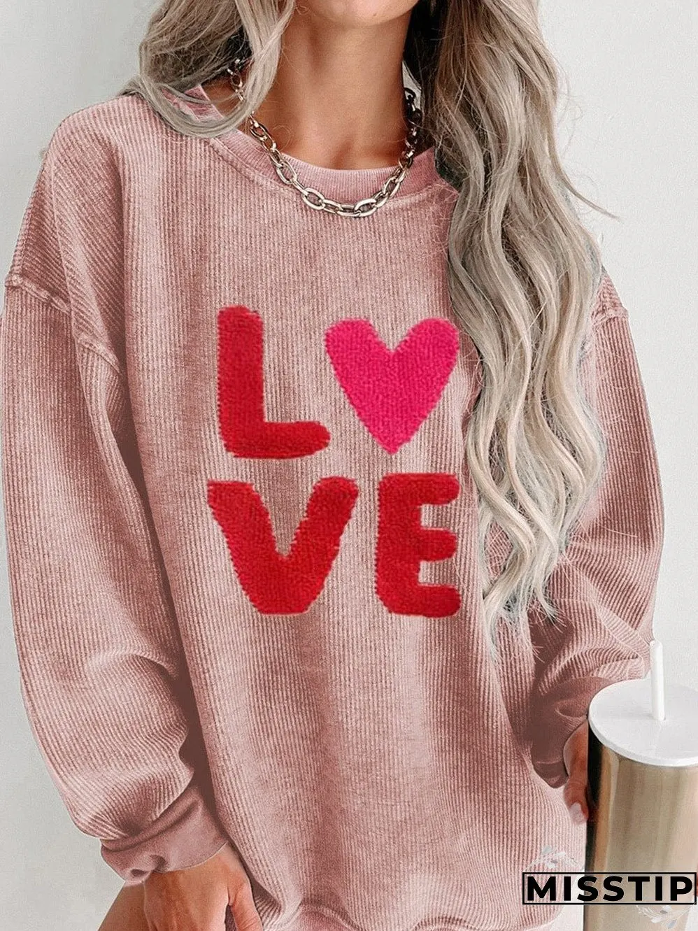 Chenille LOVE Pink Corded Graphic Sweatshirt