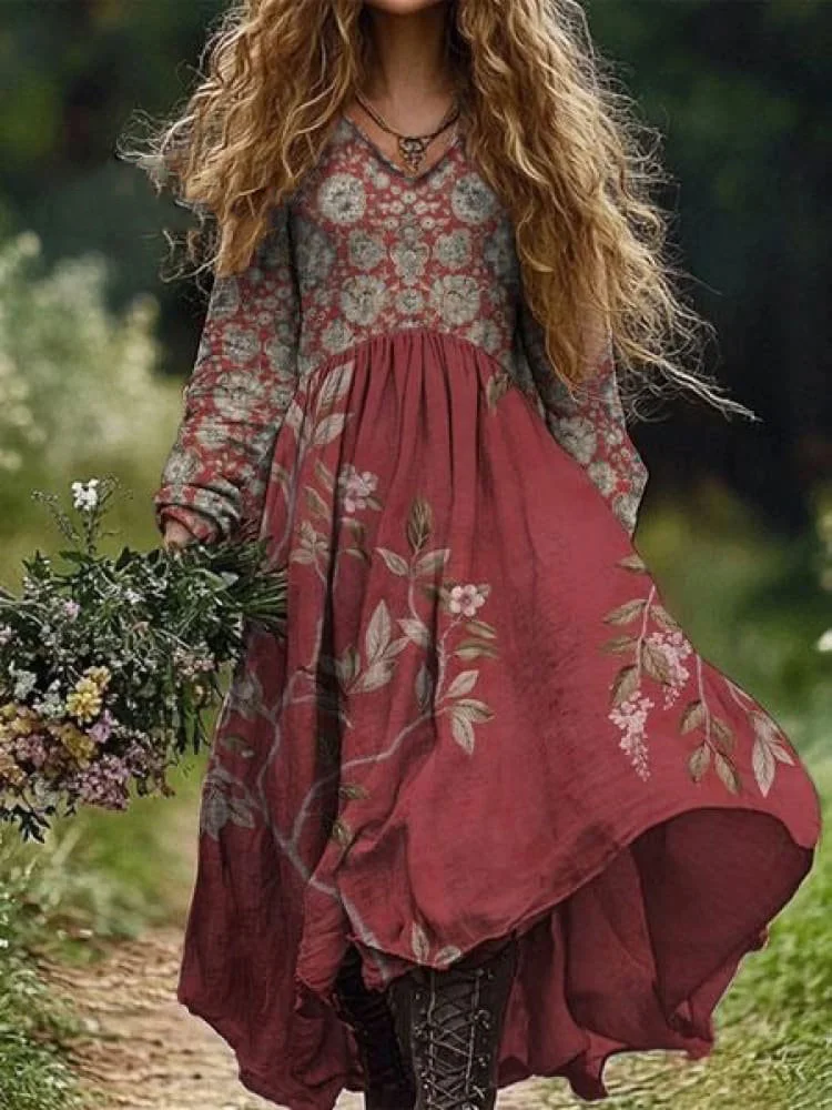 Rétro Boho Floral Art Print Vintage Chic col en V à manches longues Midi Dress