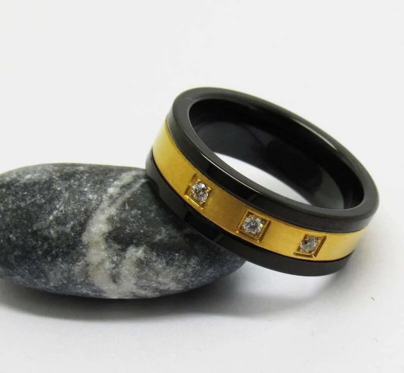 6MM 8MM Mens Women Tungsten Gold Silver Crystal Wedding Bands Two Tone 3 CZ Stone Promise Marriage Couple