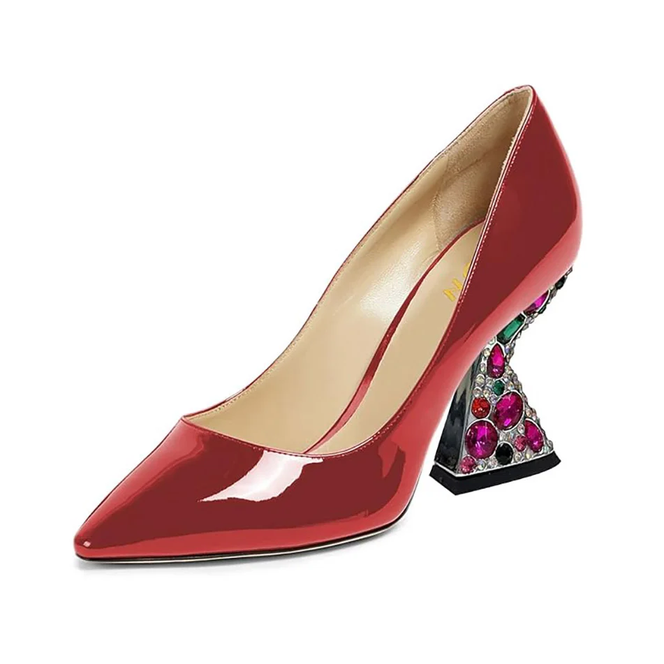 Patent Leather Pointed Toe Rhinestone Embellished Heel Pumps in Red