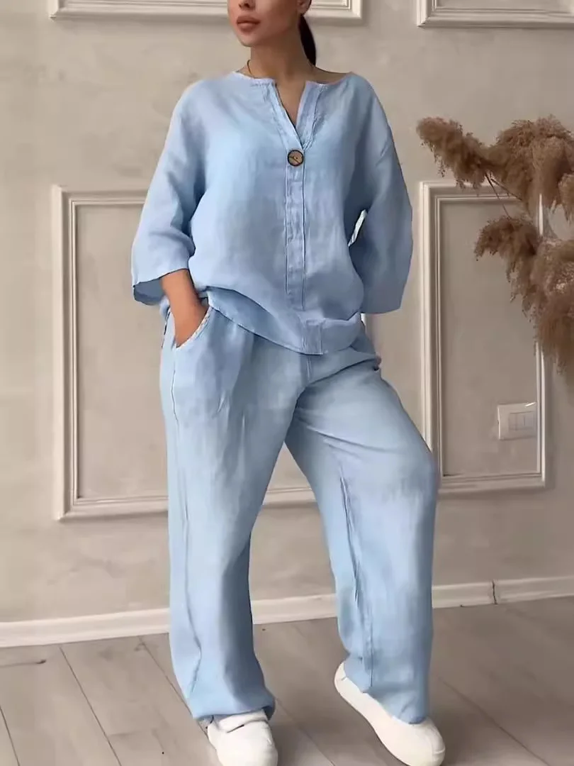 Uveng Uveng Fashion Women's Comfortable Loose Top Broad Leg Trousers Casual Cotton Set