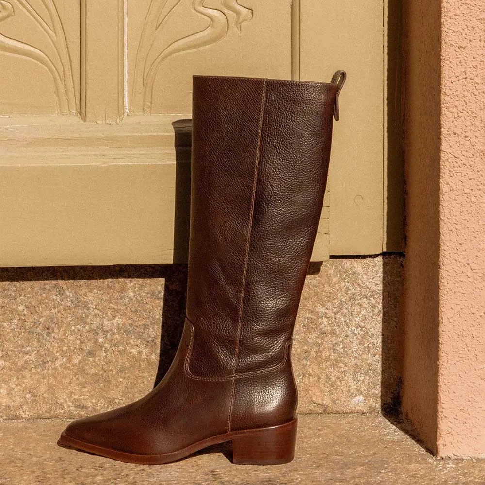 Women's Mid Block Heel Chocolate Brown Slip On Pointed Toe Boots
