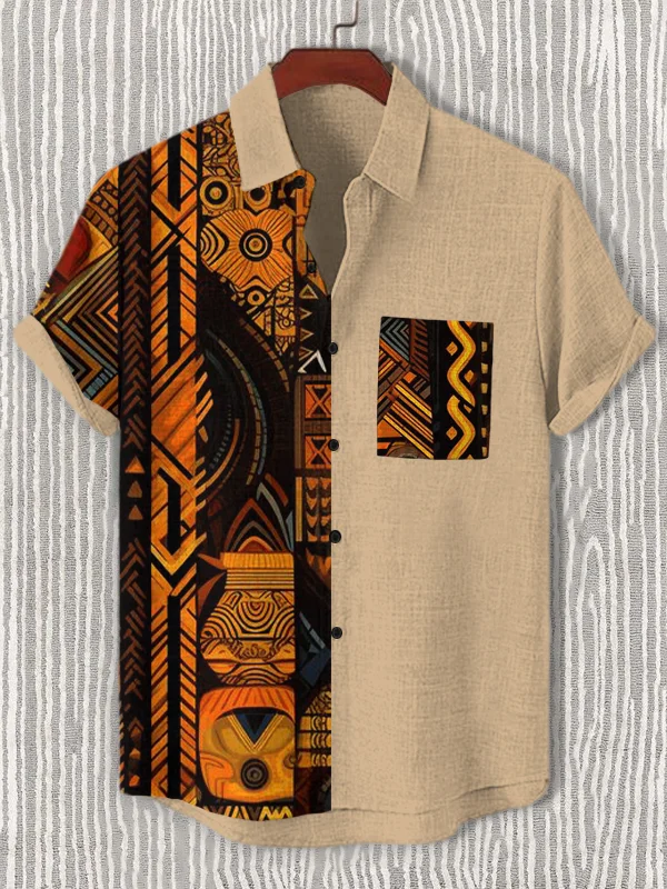 Men's Retro Traditional Ethnic Pattern Art Print Linen Blend Shirt