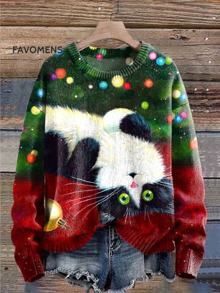 Cute Cat Christmas Print Knit Pullover Sweater Multicolor / S