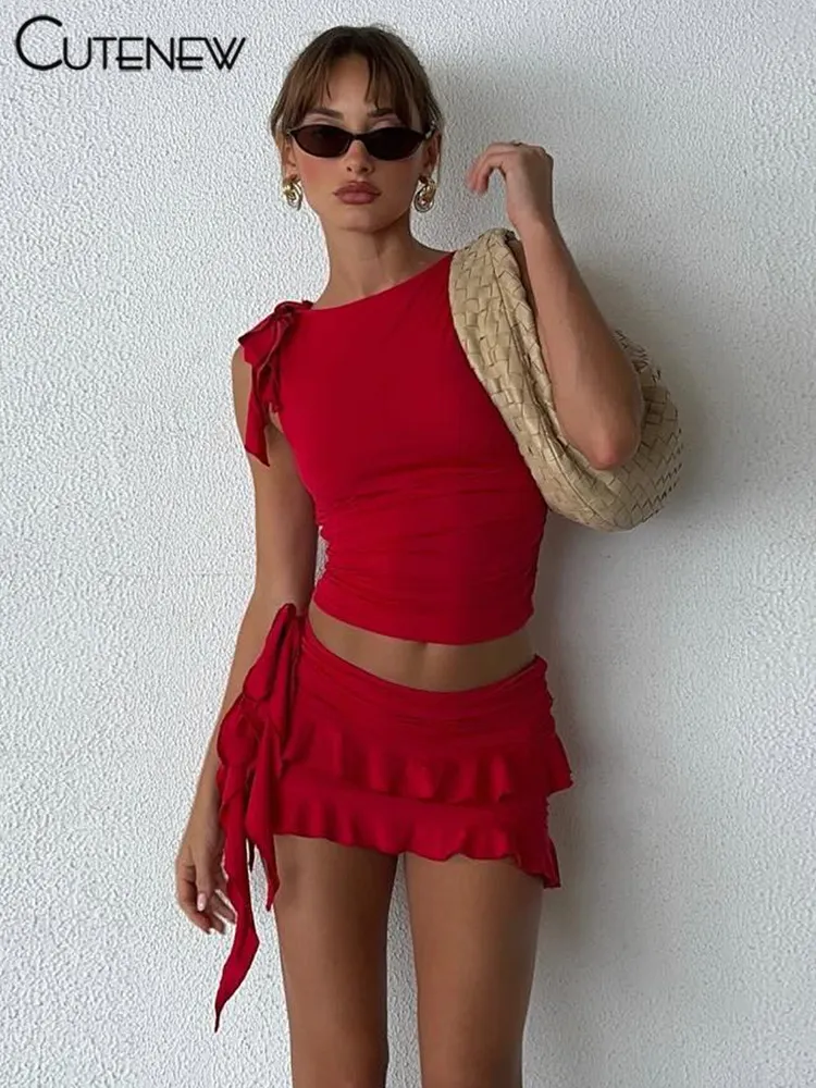 Uveng Women's Halter Lace-up Two Pieces Sets Spaghetti Strap Camisole Hip Slim Mini Skirt New Streetwear Female Dress Suit Hot