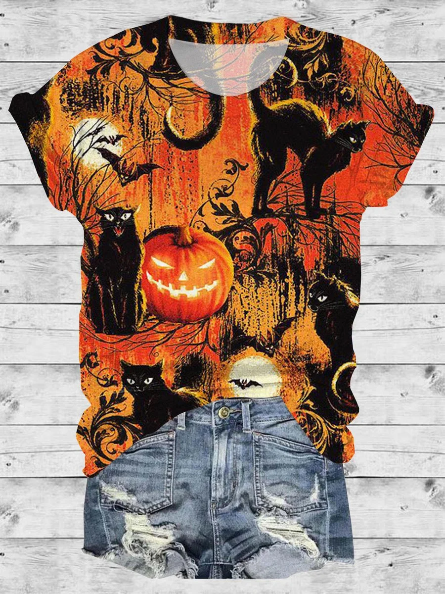 Halloween Fun Cat Pumpkin Print Round Neck Short Sleeve T-shirt