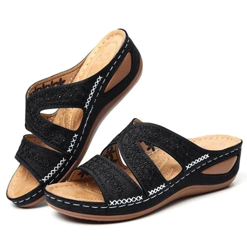 2021New Women Sandals Summer Orthopedic Sandals Women Car Line Slides  Leather Female Flip Flops Ladies Platform Retro Shoes 530-1