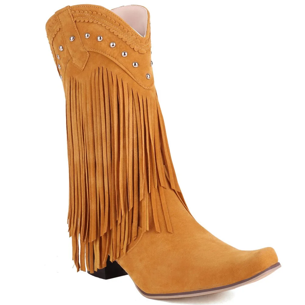 Qengg New Arrival Cowboy Western Long knee-high Boots Women Stacked Heeled Fringe Retro Casual Ridding Boots Autumn Shoes