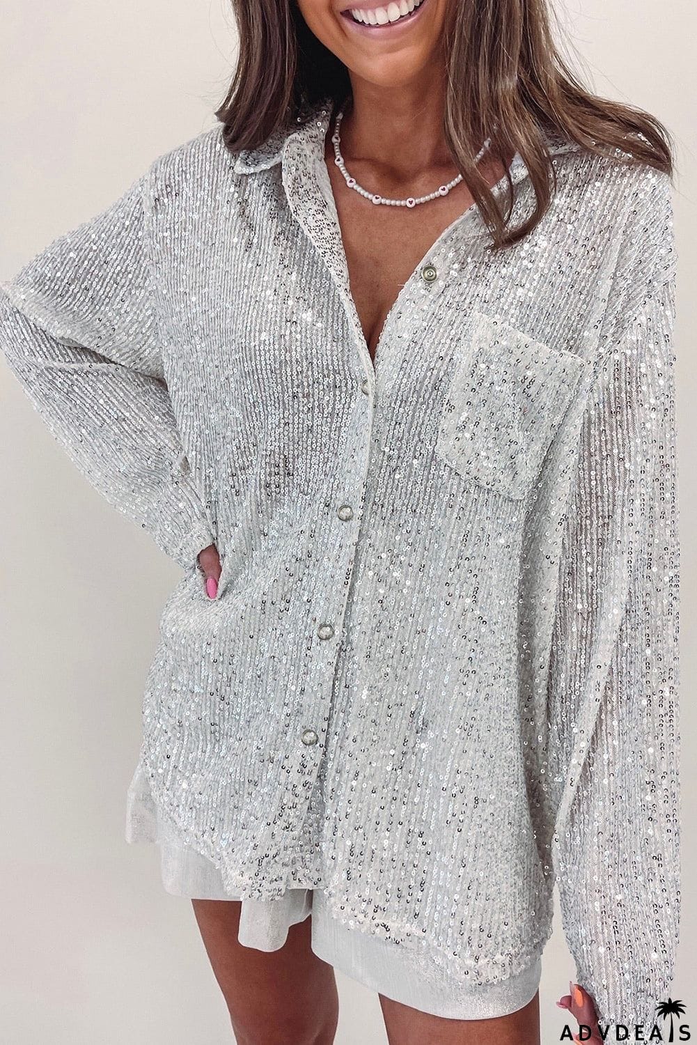 Silver Sequin Pocketed Loose Shirt