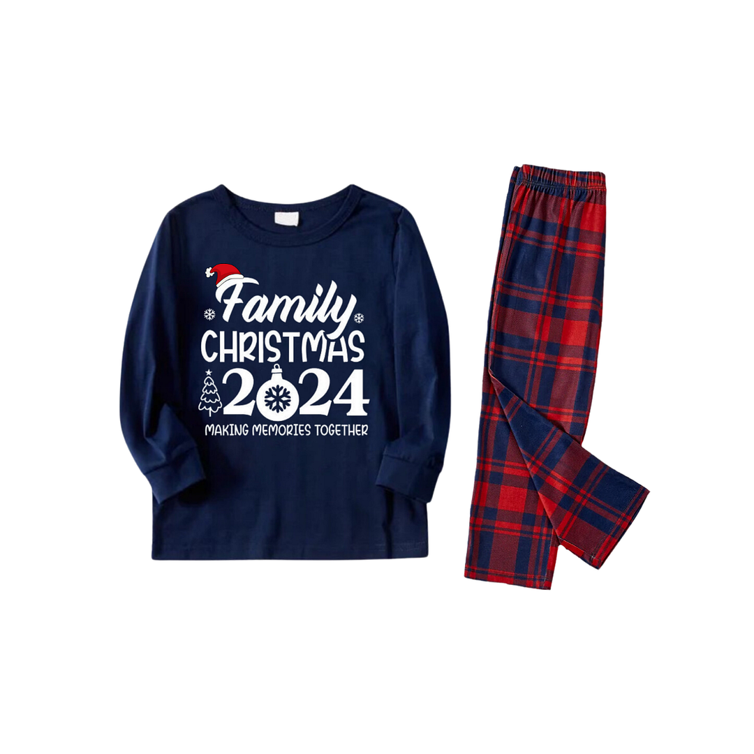 "Family Christmas 2024" Text Prints Blue Long Sleeves Top with Red and Blue Plaid Pants Christmas Matching Pajamas