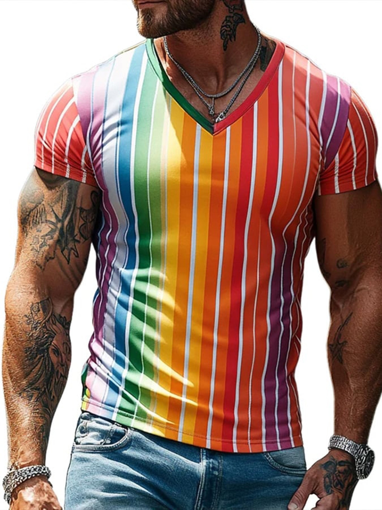 Comstylish Rainbow Stripe V-neck Short Sleeve T-shirt