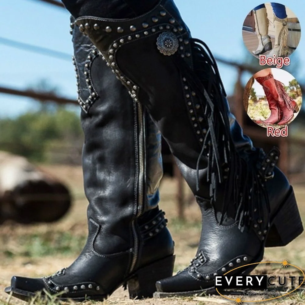 Womens Knee High Boots Leather Riding Boots Medieval Western Cowgirl Boots Tall Boots Autumn Winter Warm Pointed Toe Flat Martin Boots Fashion Ladies Chunky Heel Ankle Boots Shoes