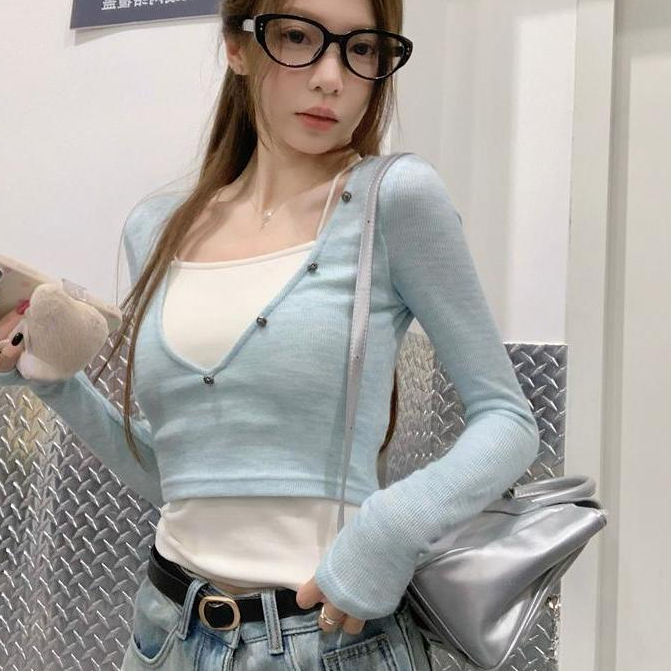 Hedirax costumes for women hot Fake Two Pieces Harajuku Button T-shirts Slim Waist Tunic Contrast Color Knitted Tops Women Y2k Aesthetic Sweet Grunge Crop Tees