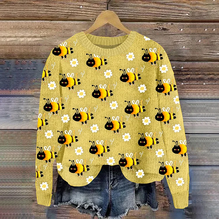 Comstylish Women'S Funny Cat Bee And Floral Round Neck Casual Sweater