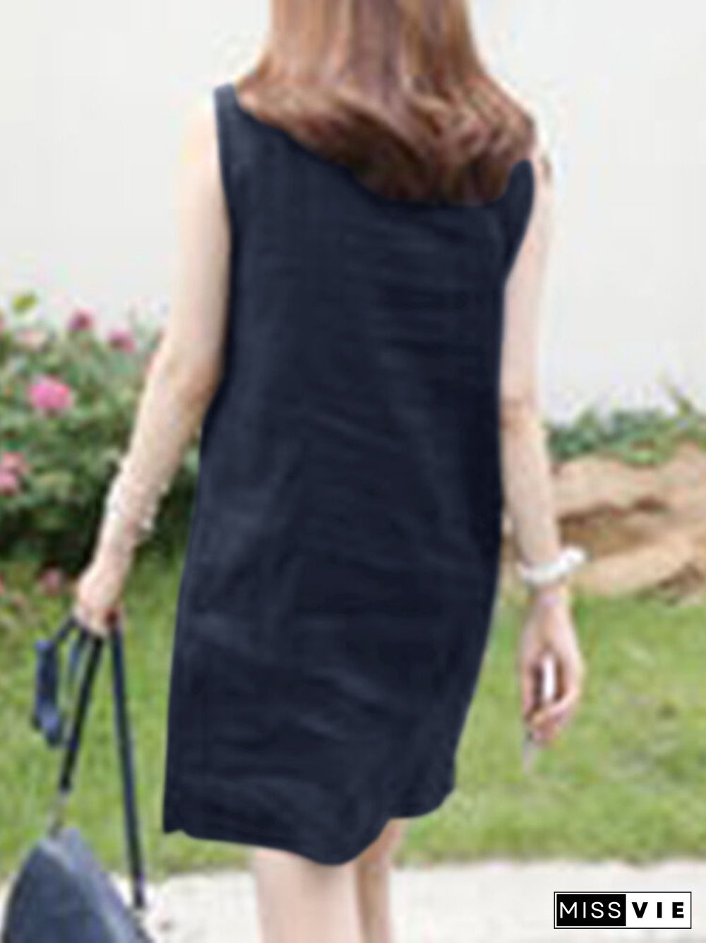 Solid Sleeveless Button Front Lapel Dress For Women