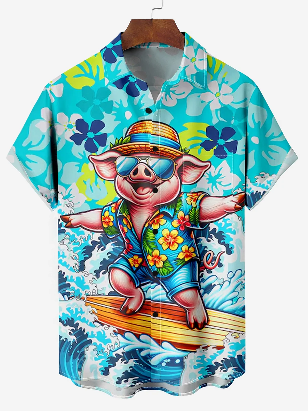 Men's Casual Mr. Piggy Vacation Surf Print Shirt PLUSCLOTHESMAN