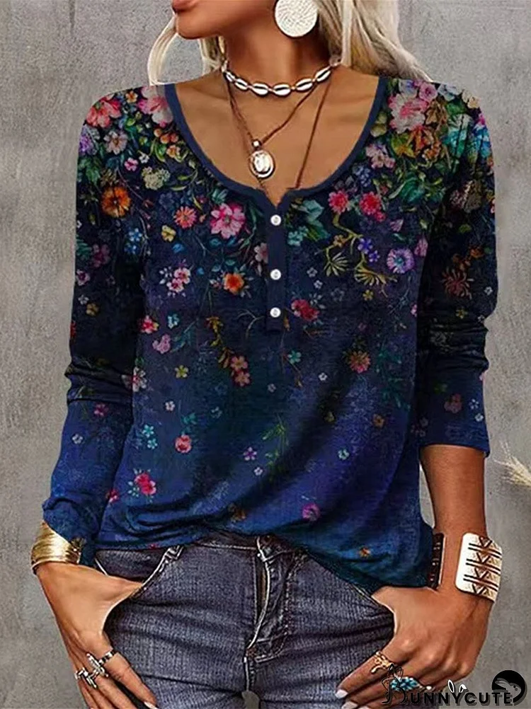 Women's U-Neck Long Sleeve Graphic Floral Printed Tops