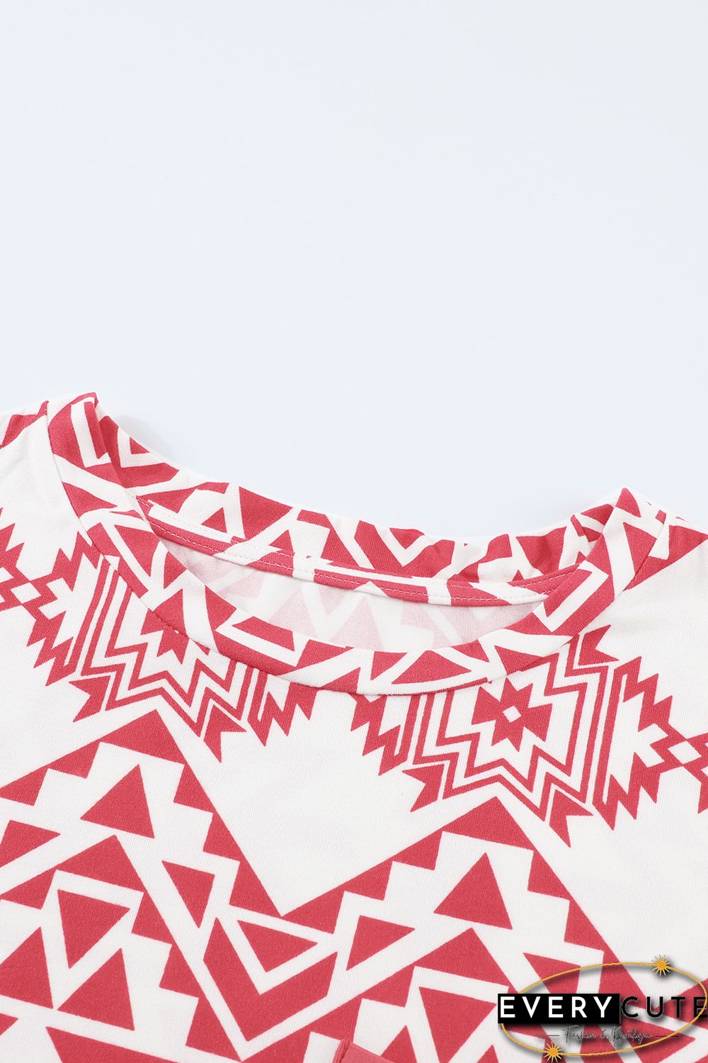 Red Aztec Print Splicing Pocket Long Sleeve Top