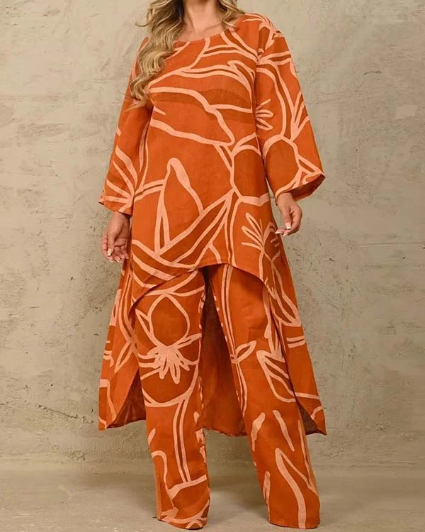 Casual Loose Large Size Printed Irregular Top High Waist Straight Leg Pants Set