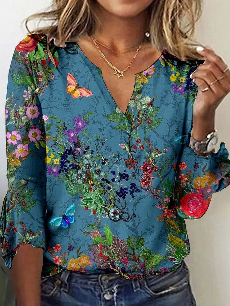 Women Long Sleeve V-neck Floral Printed Graphic Top