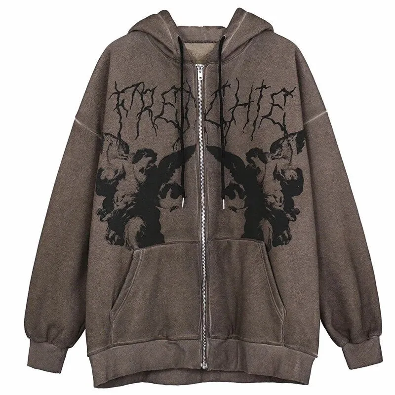 Women Two Piece Sets Angel Dark Print Harajuku Fleece Warm Hoodies High Waisted Pants Autumn Winter Y2k Goth Tracksuit Suit