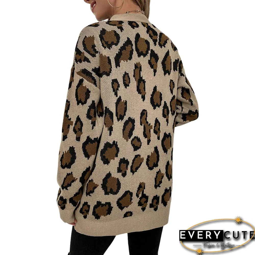Khaki Contrast Leopard Print Pocket Open Front Cardigan
