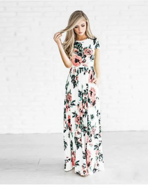Brownm Summer Round Neck Flowers Print Long Sleeve Dress