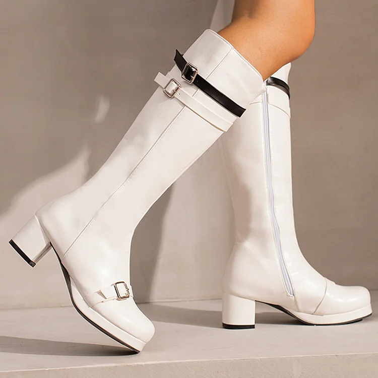 Colorblock Strap Buckle Zipper Square Toe Knee High Chunky Boots