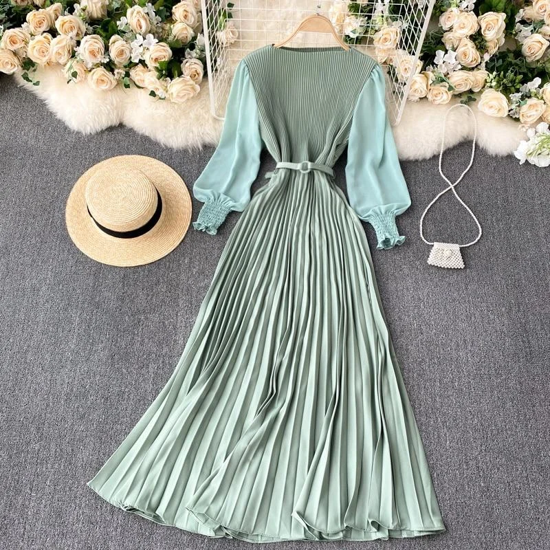 Woman Dress Elegant Office Lady Pleated Dress With Belt Round Neck Long Sleeve Long Dresses For Women Spring Autumn Clothing 1022