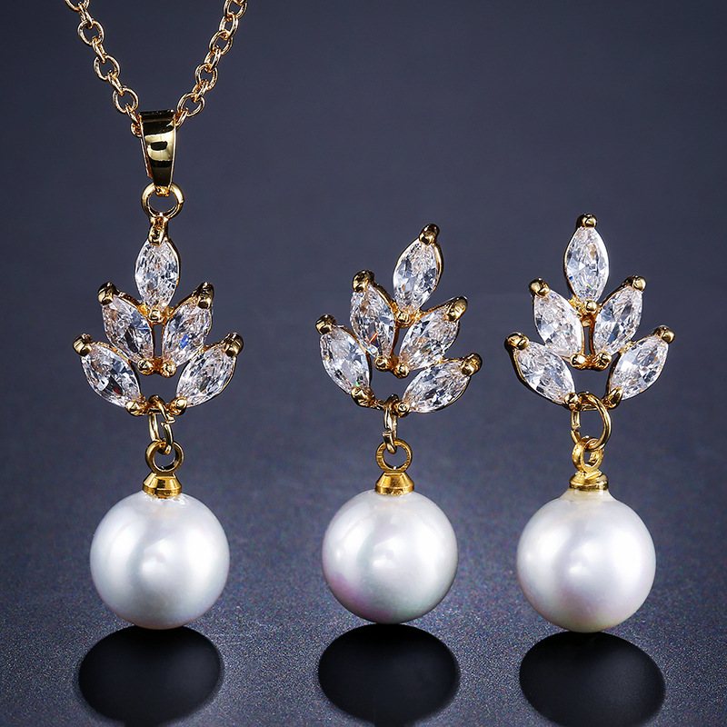 Fashion White Rhinestones Pearl Pendant Necklace Earrings Jewelry Set 2024 - Flycurvy 