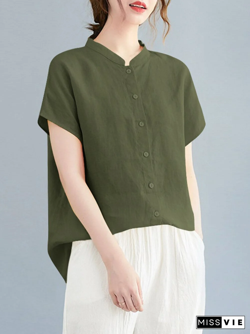 Cotton Solid Button Stand Collar Short Sleeve Casual Blouse
