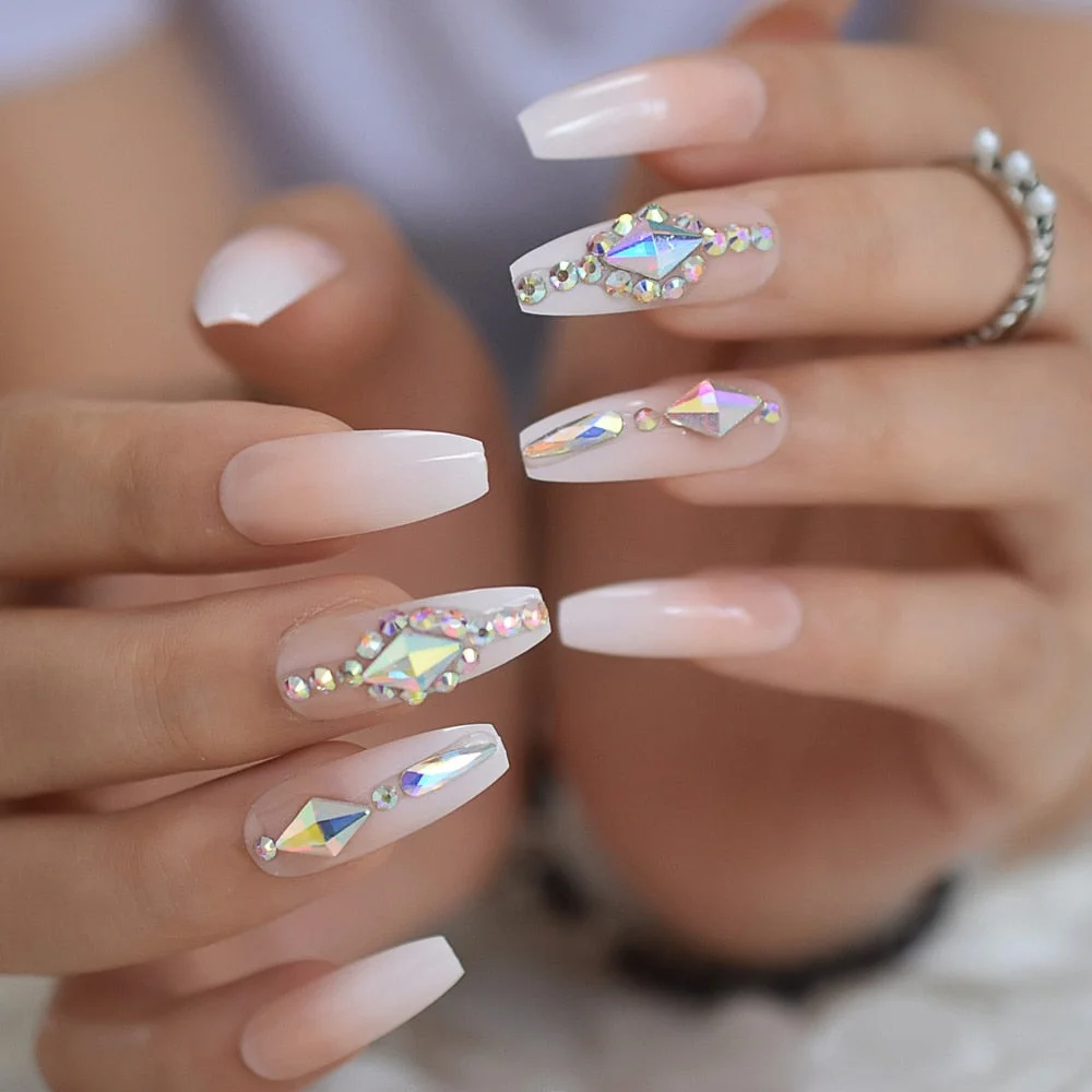 Salon Perfect Artificial Nails 3D Rhinestones Decorative White Nude Faux Ongles Long Ballerina Trapezoid Tips-Nail Inspo