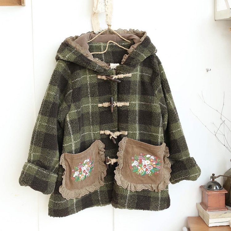 Queenfunky cottagecore style Short Embroidered Fleece Duffle Coat QueenFunky