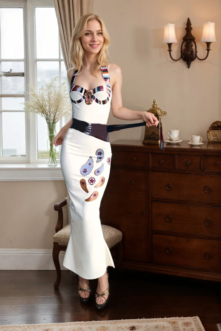 Women Latex Dress Artistic Elegant Multi-colored Stripe Formal Halter Dress 